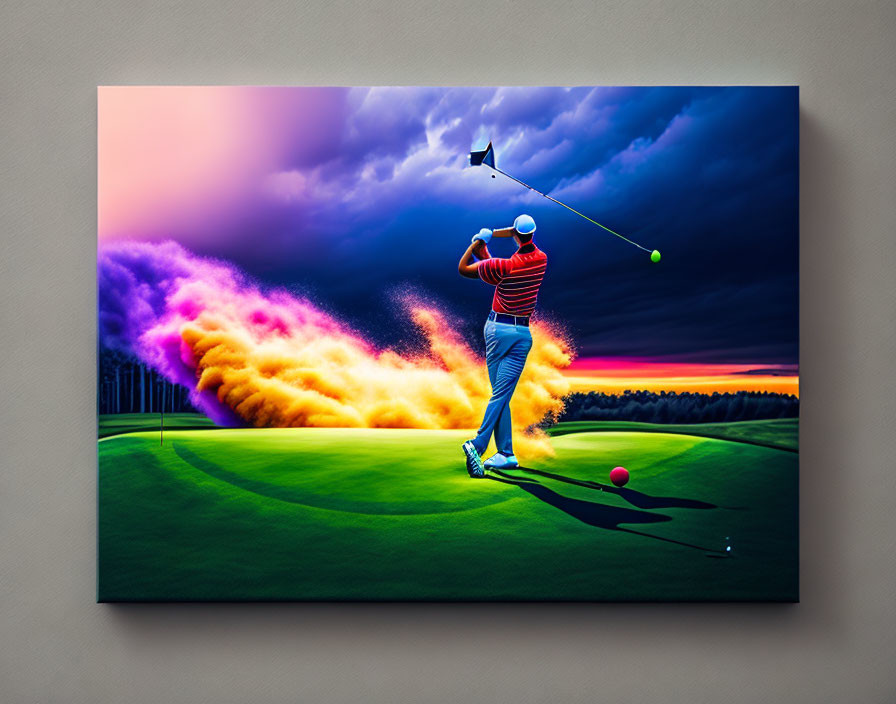 Golfer in Striped Shirt Swings Club on Colorful Course with Vibrant Sky