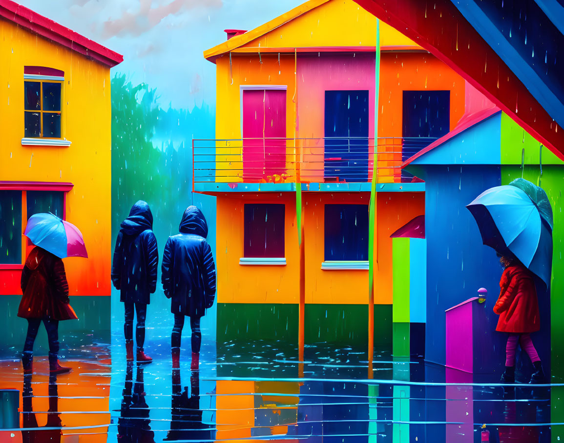 Colorful umbrellas pass vibrant painted houses on a rainy day