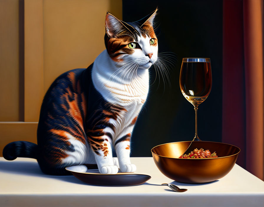 Realistic painting of a cat with food and wine