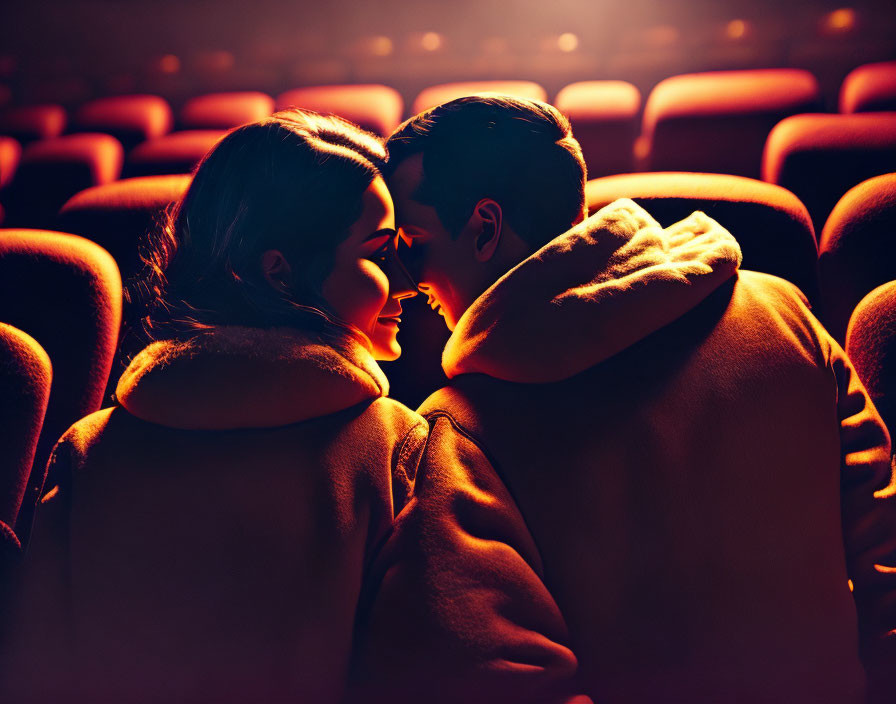 Couple in cinema sitting close, gazing lovingly.