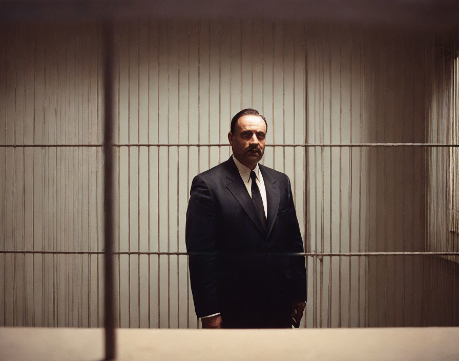 Mysterious Man in Suit Behind Blinds in Dimly Lit Room