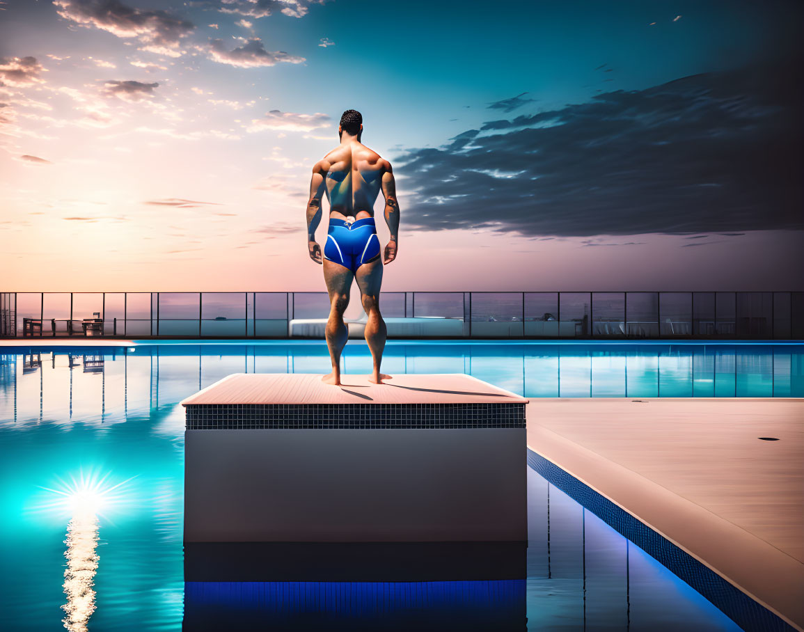 Swimmer on Diving Block at Dusk by Pool