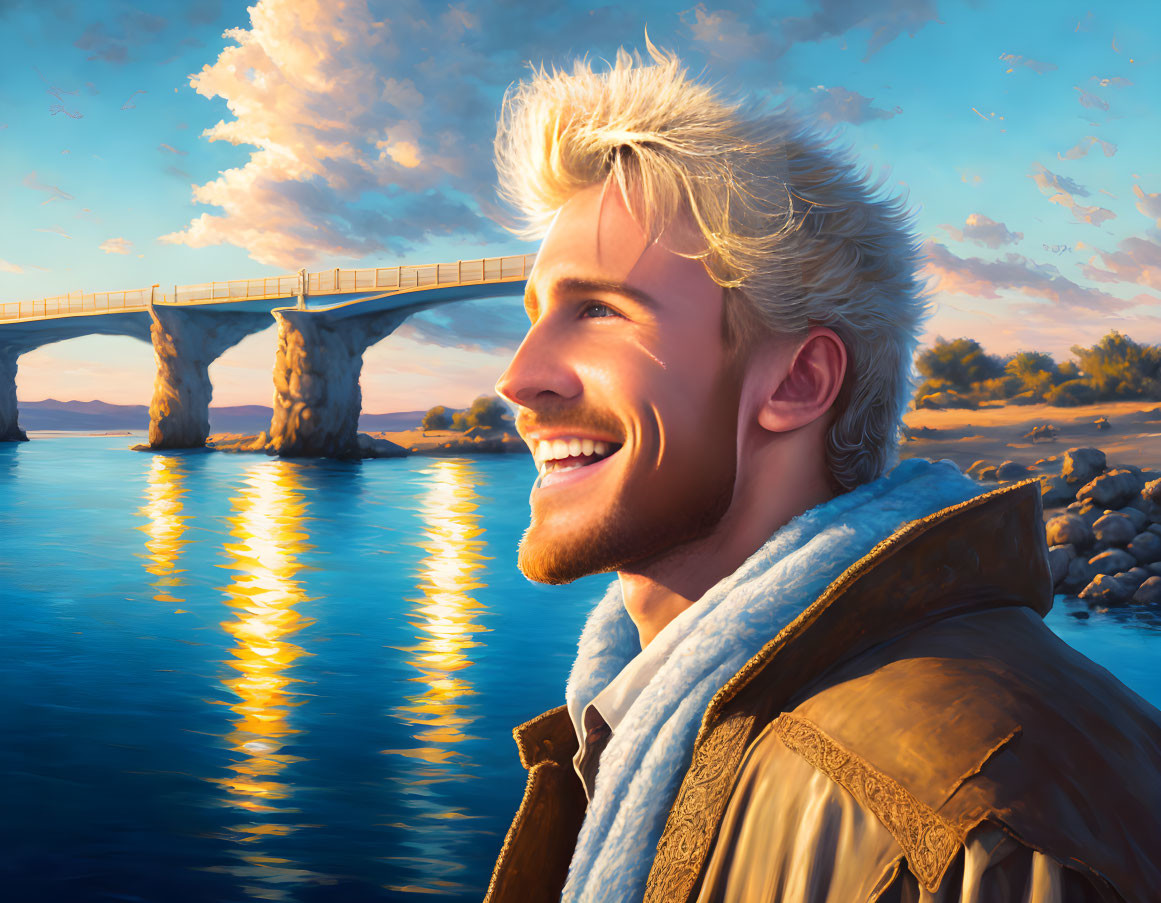 Blond man in leather jacket smiles by sunset bridge