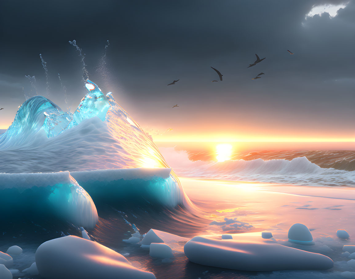 Tranquil sunset seascape with glowing icebergs and birds in flight