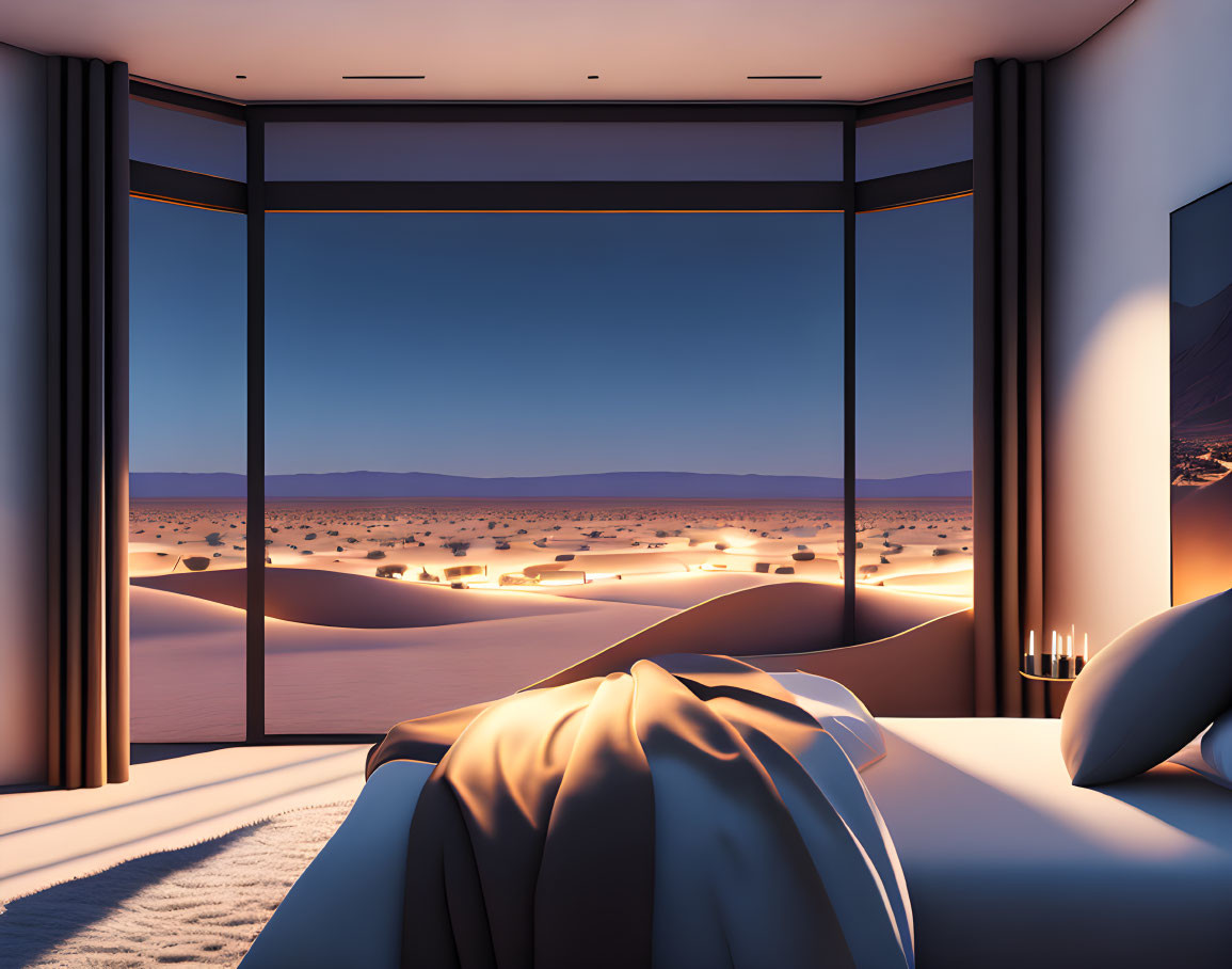 Luxurious Bedroom with Desert Twilight Panoramic View