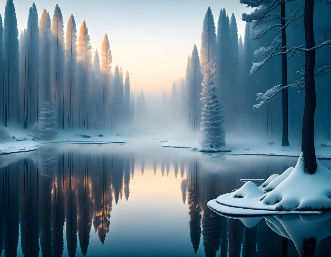 Snow-covered trees reflected in calm water: Tranquil winter scene