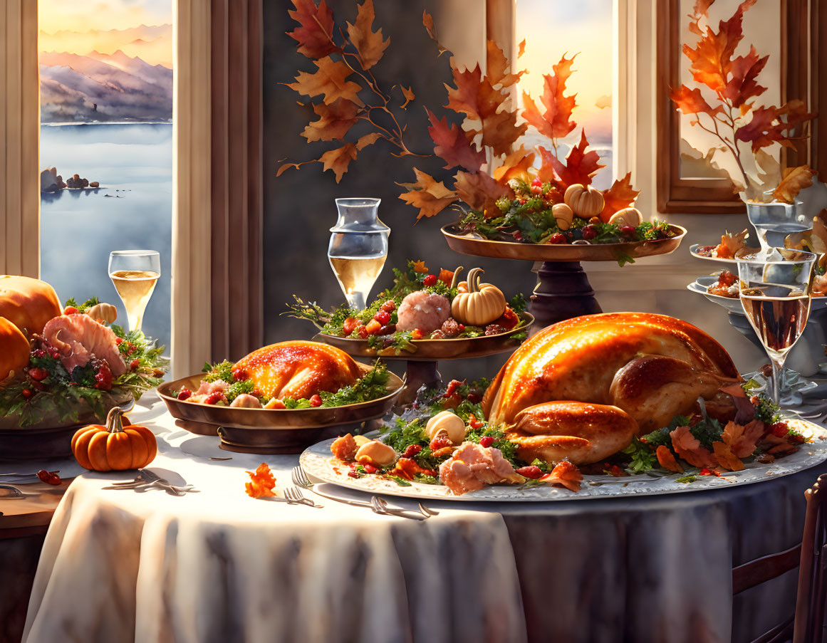 Thanksgiving dinner table with autumn decor and lake view