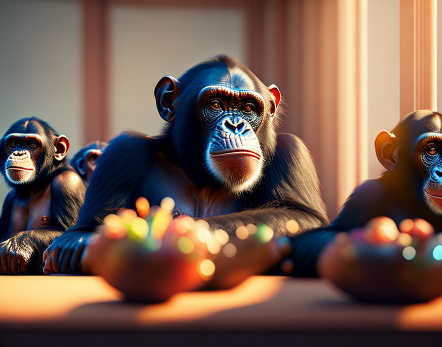 Three CG chimpanzees at a table with fruit bowls in warm sunlight.