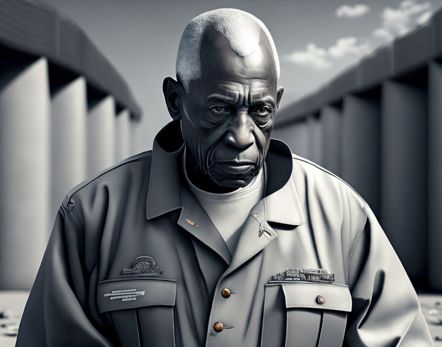 Detailed 3D illustration of stern elderly male security guard in uniform against industrial backdrop