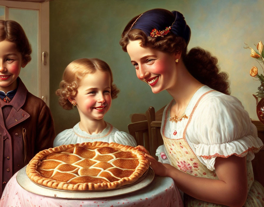 Vintage-style painting of a smiling woman with two children and a freshly baked pie on a table