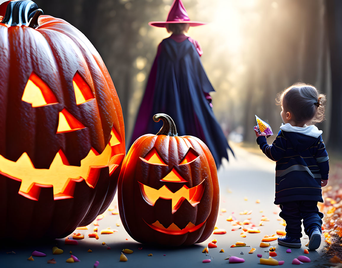 Young child near carved pumpkins with witch and candy on sunny path