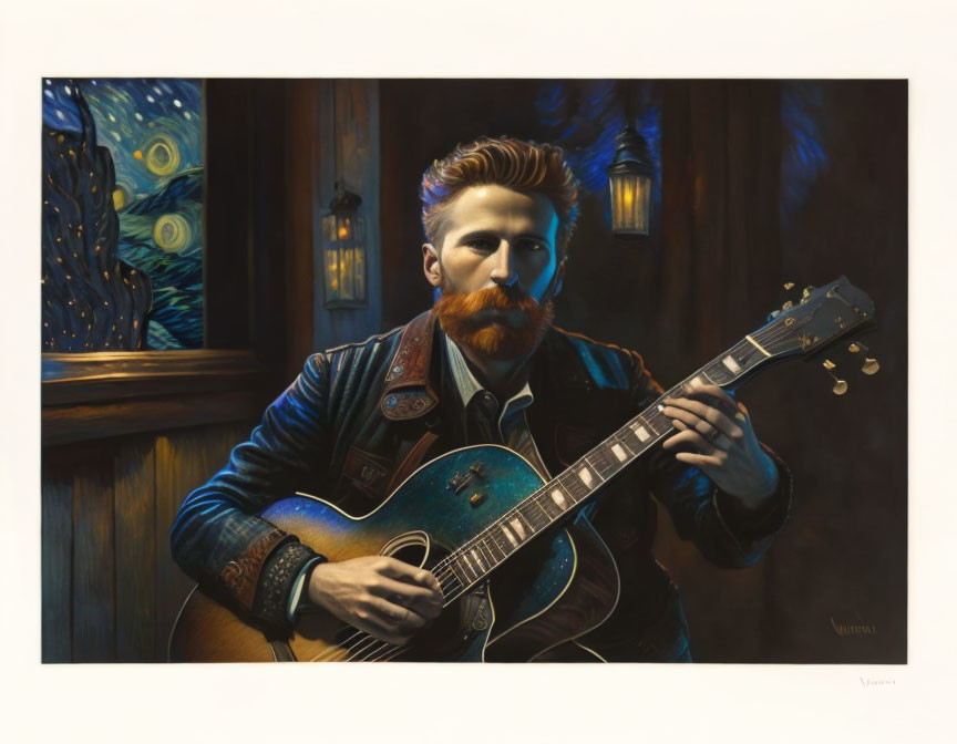 Bearded Man Playing Guitar with Starry Night Painting