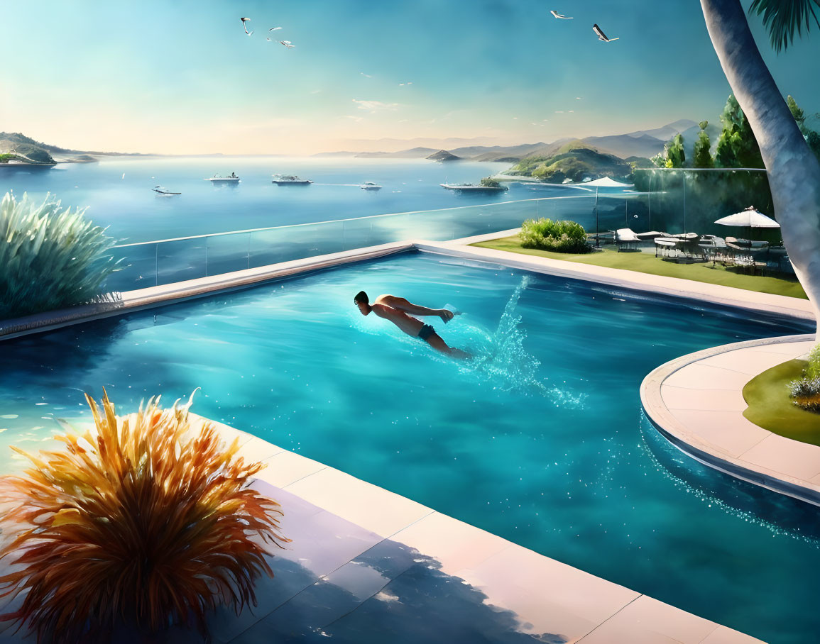 Swimmer in Luxurious Pool Overlooking Serene Bay and Hills