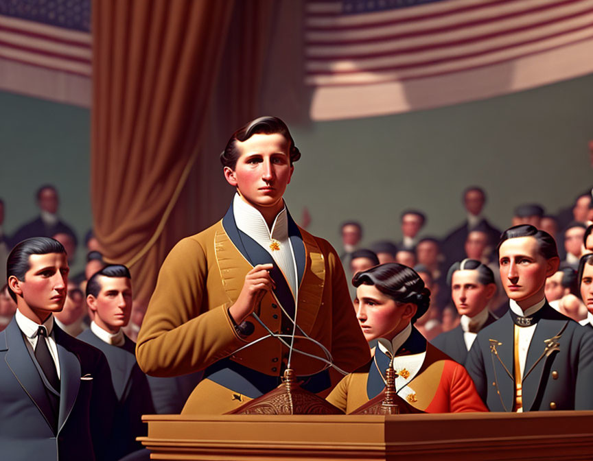 Vintage Attire Man Speaking to Audience in Formal Assembly Hall