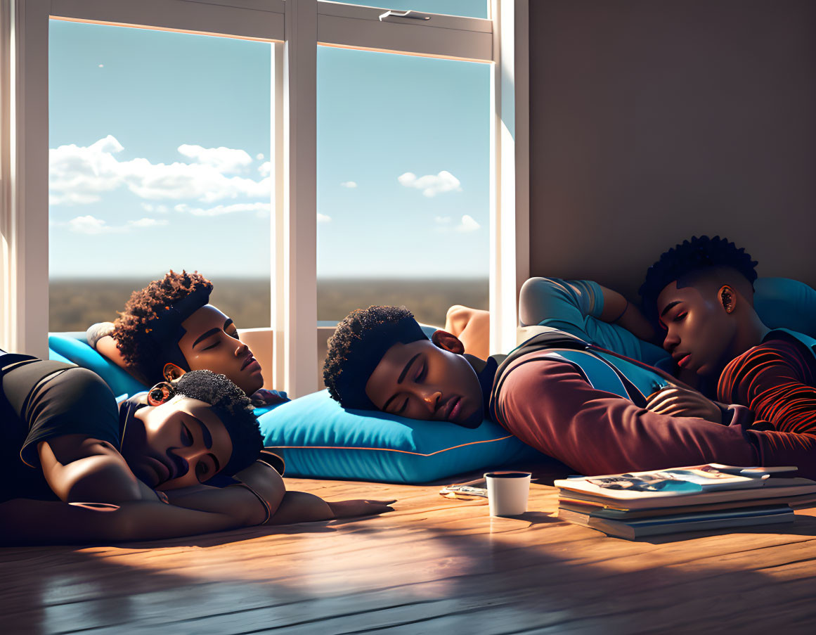 Three animated characters napping on a sunny room couch with an open book and a mug