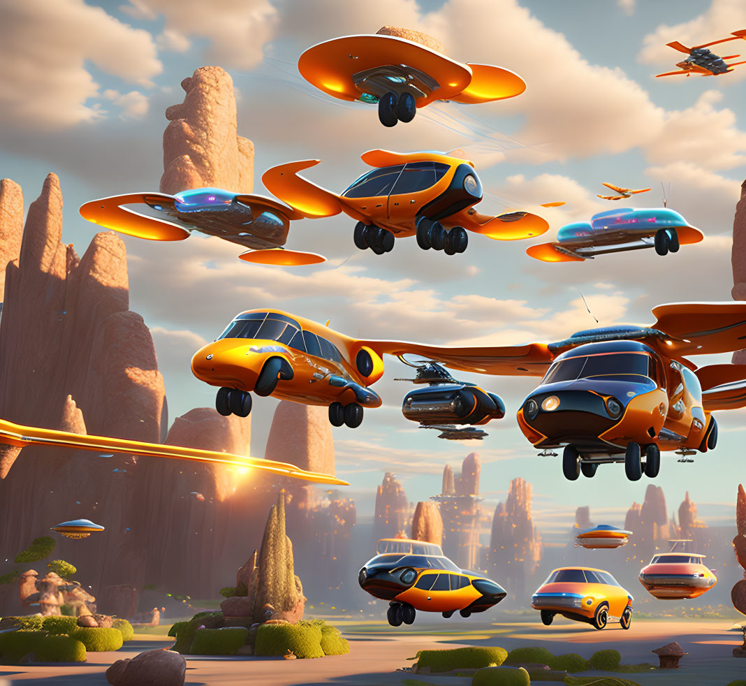 Sleek futuristic flying cars over desert landscape