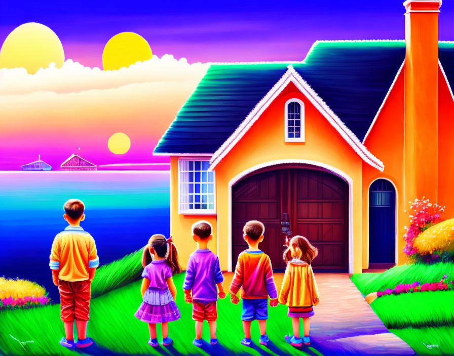 Four Children Standing by Colorful Ocean Sunset House