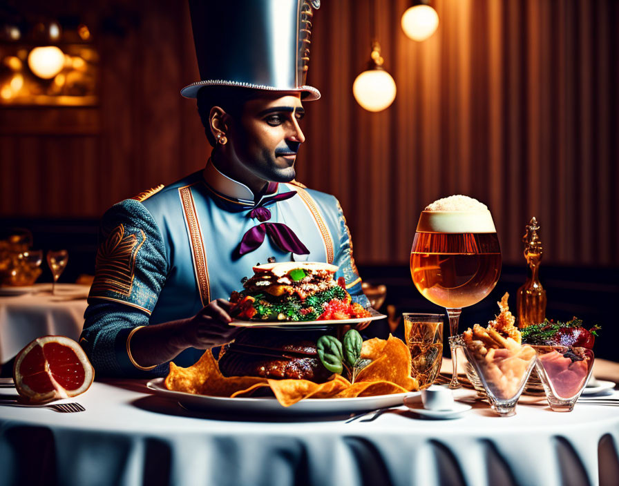 Waiter serving gourmet dishes and beer in luxurious restaurant setting