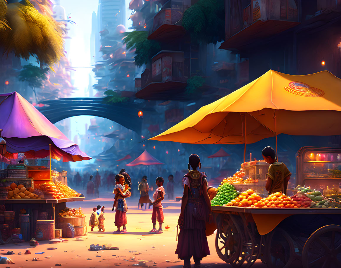 Colorful Market Scene with Fruit Stalls and Dusky Sky