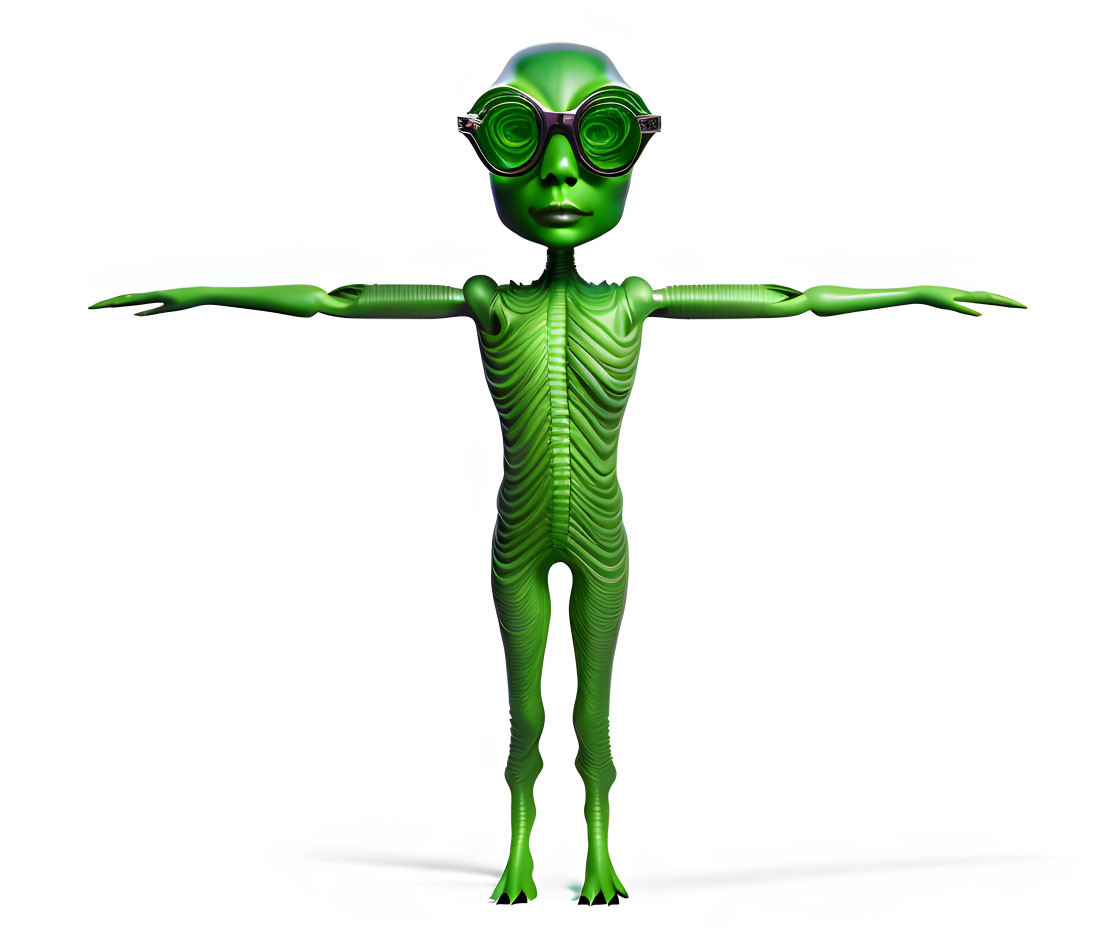 Green animated alien with big eyes and goggles on white background