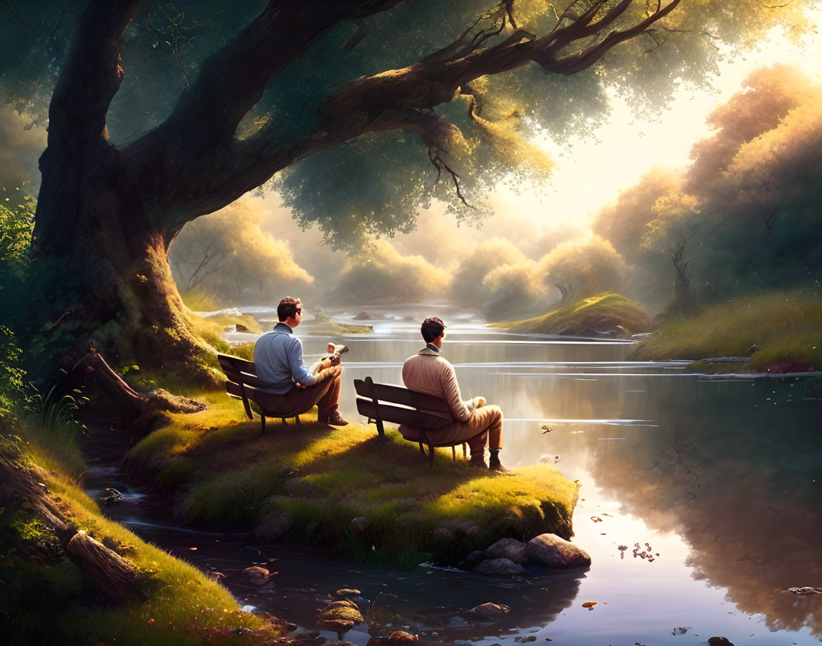 Tranquil river scene: Two people under tree with lush foliage