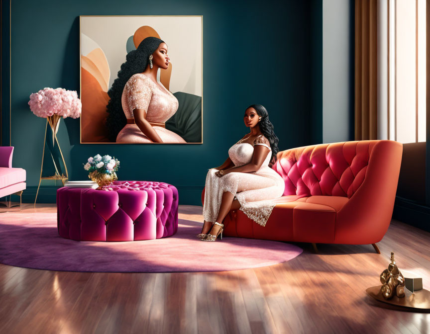 Woman in Sparkling Dress on Curved Sofa in Elegant Room with Portrait on Wall