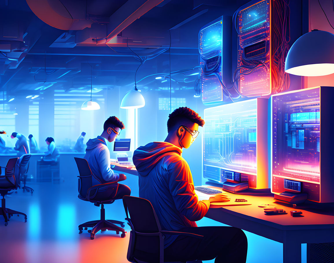 Futuristic server room with neon lights and technicians at work