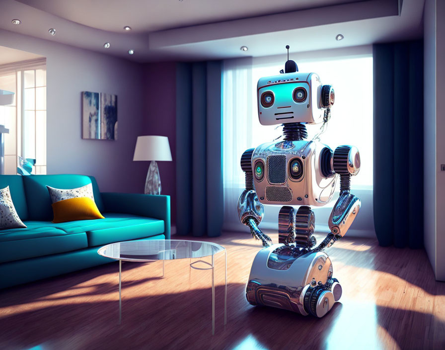 Futuristic humanoid robot in stylish blue living room