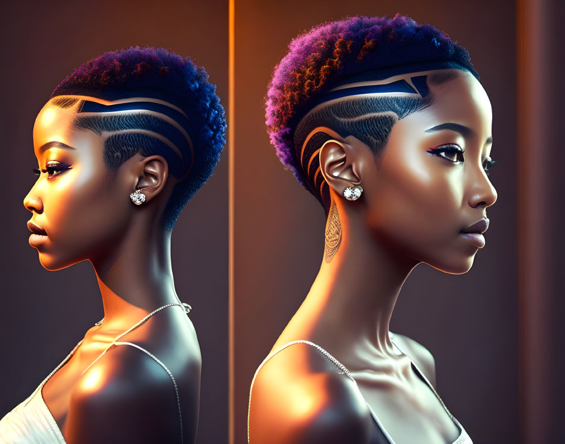 Digital artwork: Woman with stylized haircut, purple-dyed top, earring, necklace,