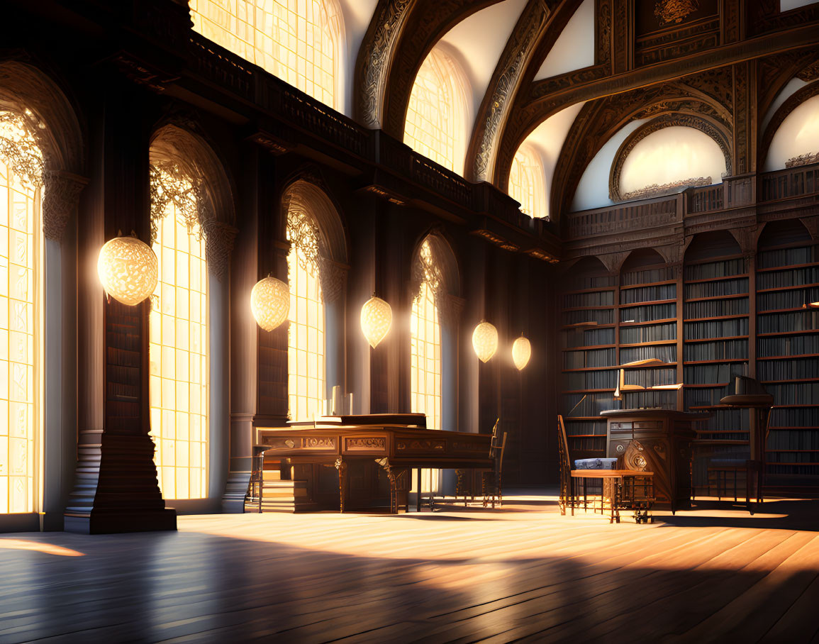 Spacious library with arched windows, bookshelves, desk, and piano in sunlight