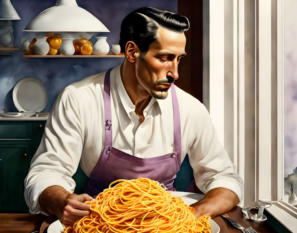 Man with Mustache in Apron Eating Spaghetti in Kitchen