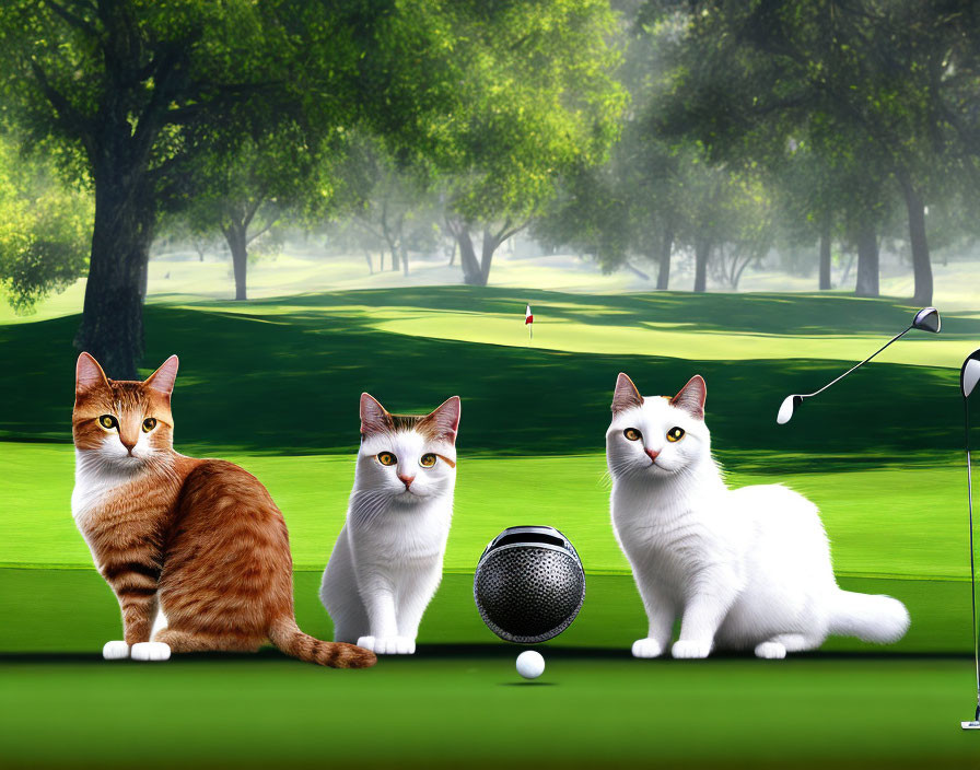 Three Cats Playing Golf on Course with Balls and Club