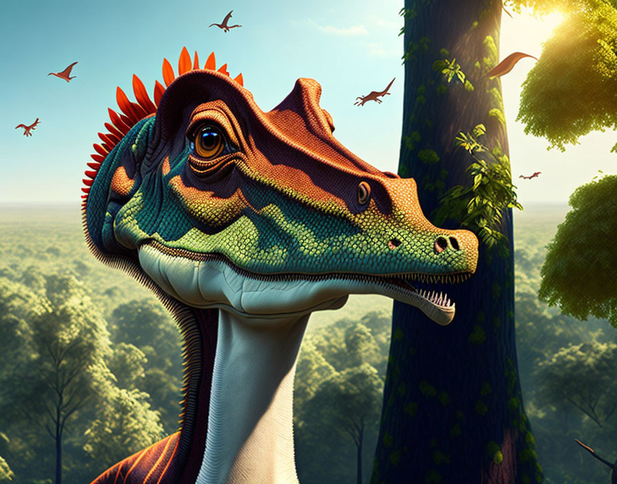 Detailed illustration of frilled-neck dinosaur in lush forest