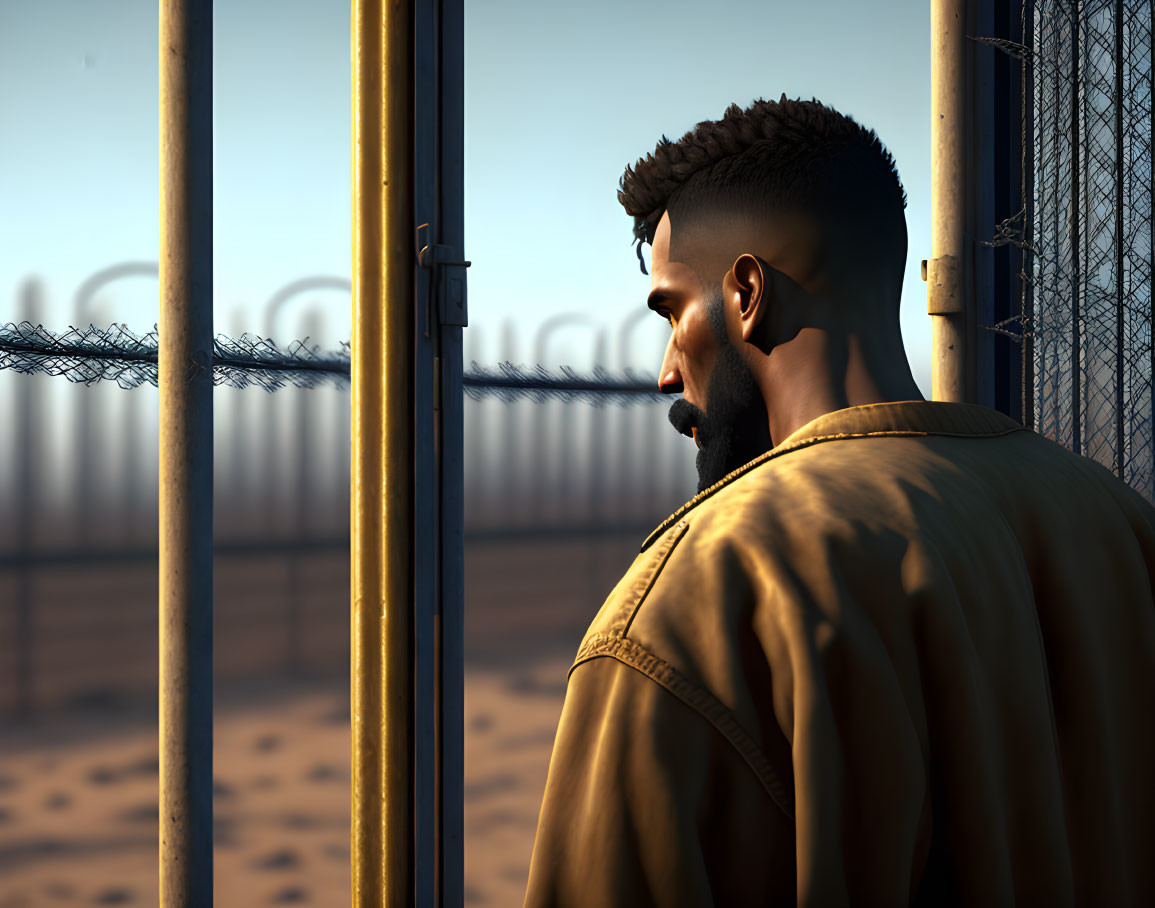 Bearded man in yellow jacket behind metal bars at sunrise