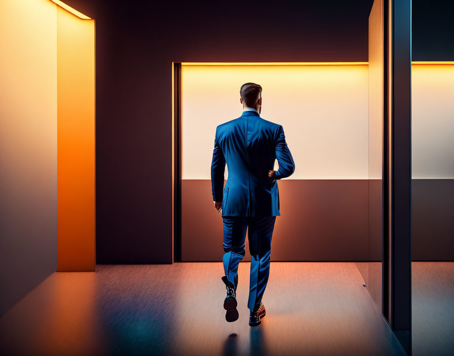 Man in Blue Suit Approaches Bright Doorway in Dark Setting