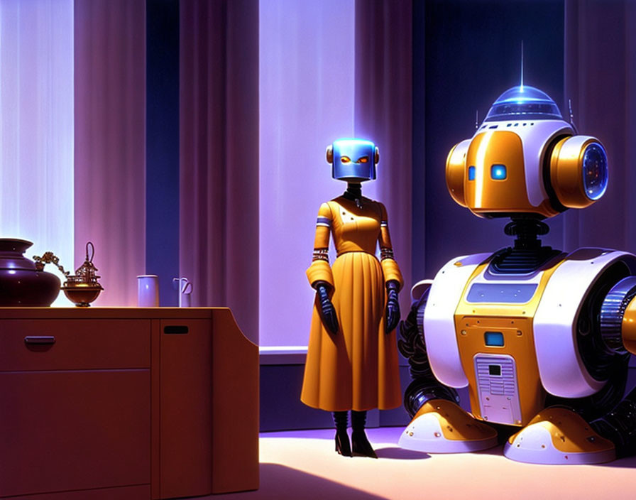 Animated robots in yellow dress and blue-gold machine in purple room.