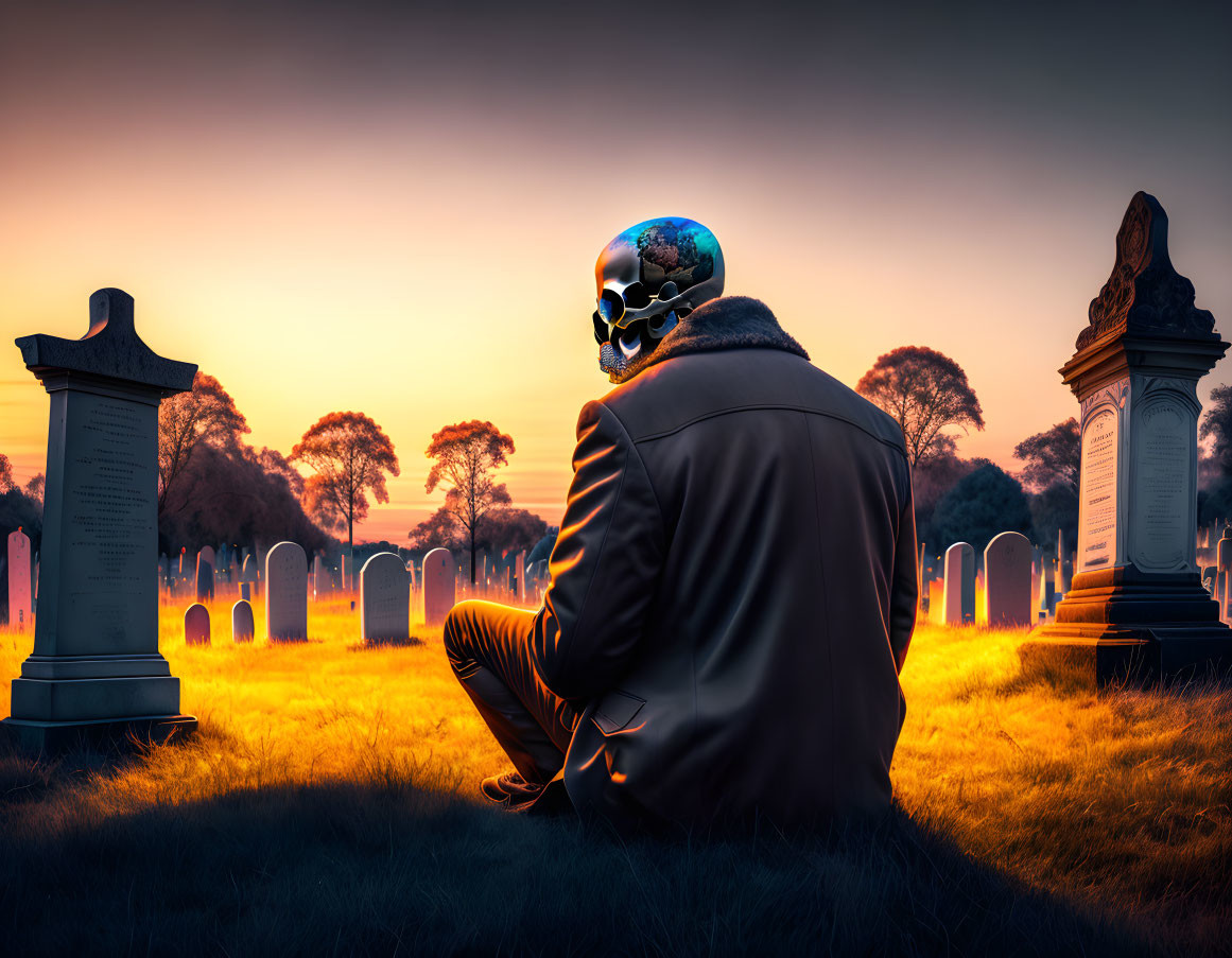 Person in skull mask contemplates in cemetery at sunset among tombstones.