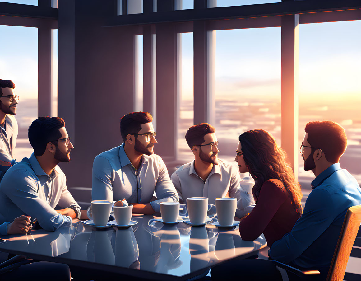 Professionals in Meeting with Coffee Cups by Large Windows