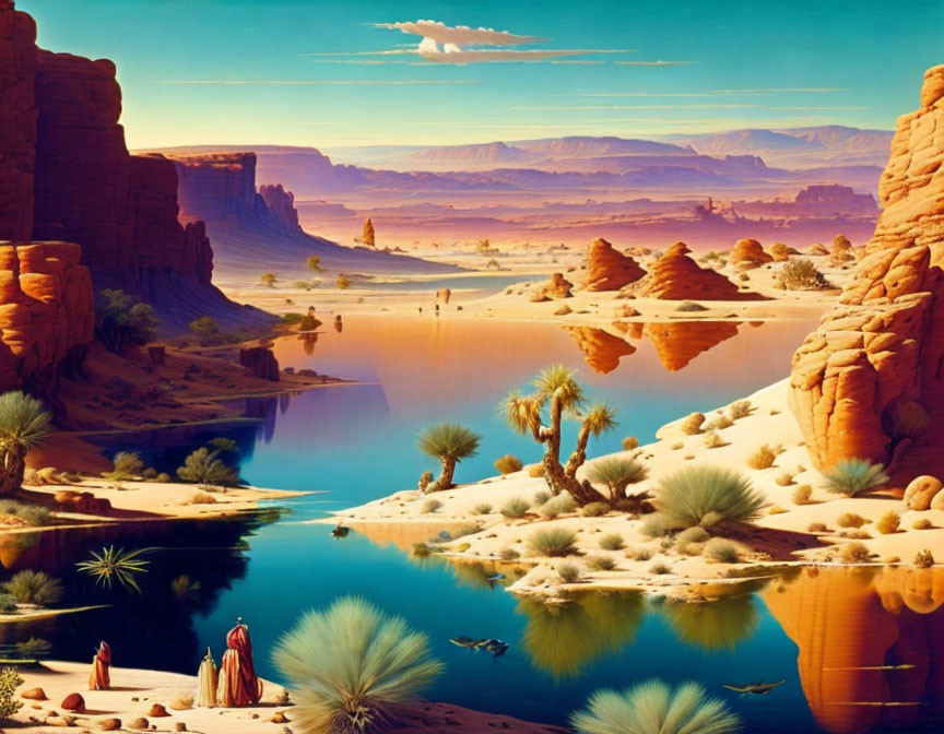 Colorful desert landscape with rock formations, water body, vegetation, and figures in red robes