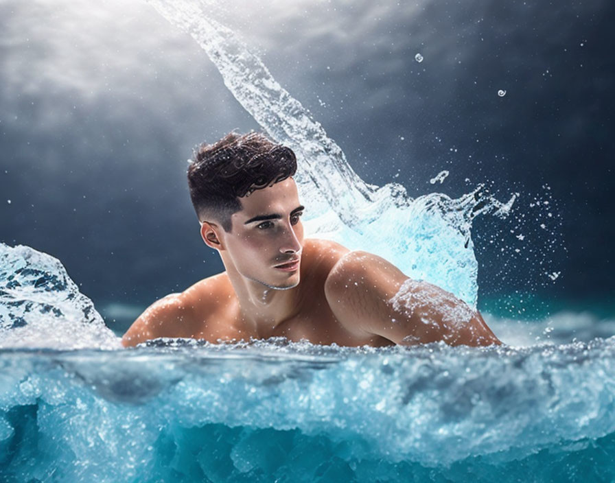 Young Swimmer Gliding in Water Under Dark Cloudy Sky