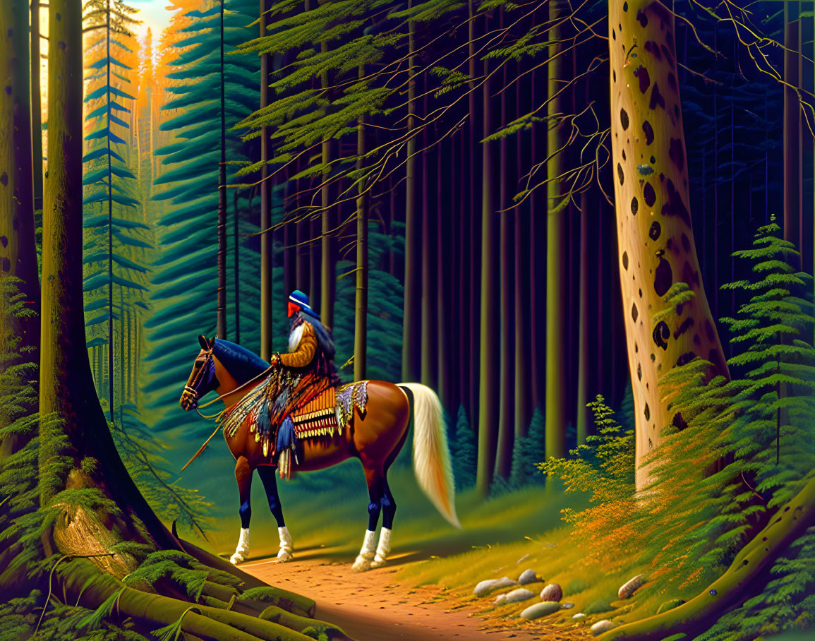 Tribal warrior on horse in forest with tall trees and sunlight.