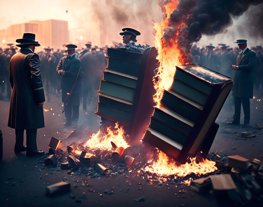 Vintage men observing burning books in stylized image