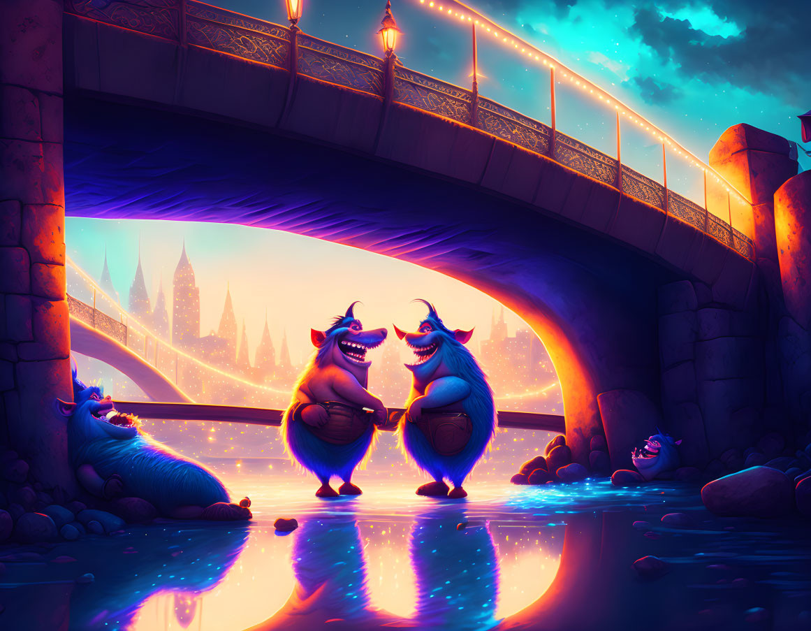 Animated monsters by river at sunset with castle silhouette - vibrant, magical scene