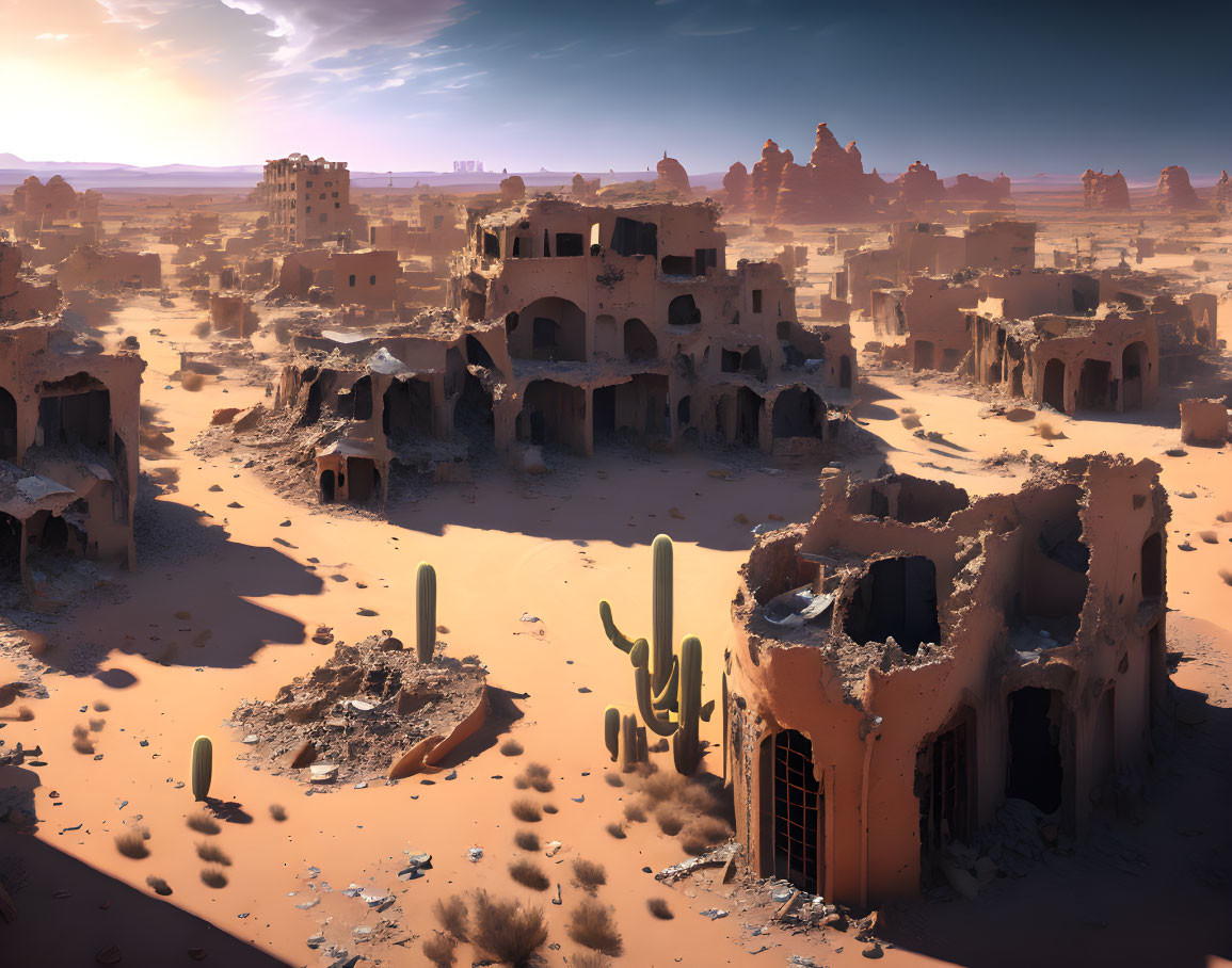 Decaying desert cityscape with sand dunes, cacti, and clear blue sky