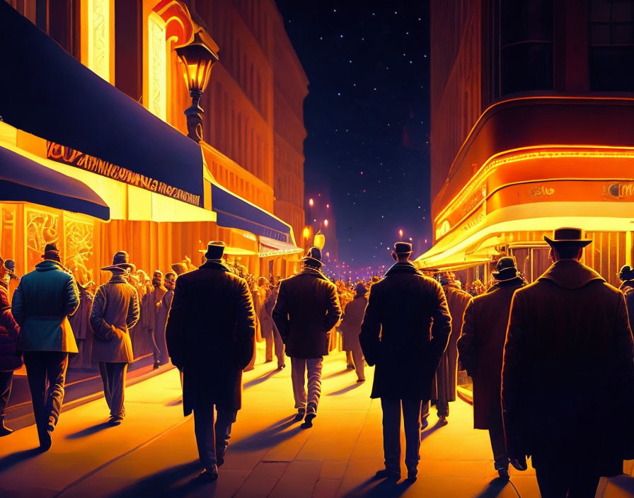 Vintage street scene at night with neon lights and crowds under starry sky.