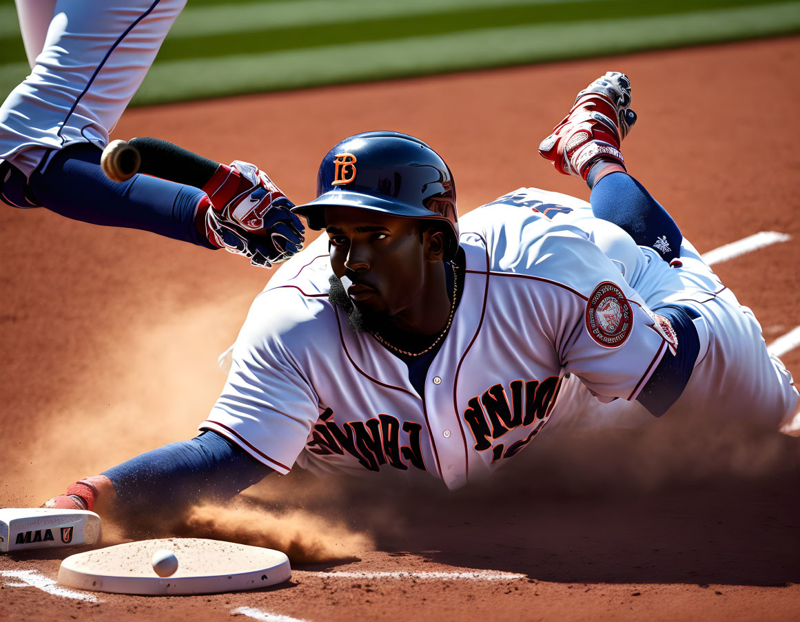 Baseball player sliding into third base during professional game