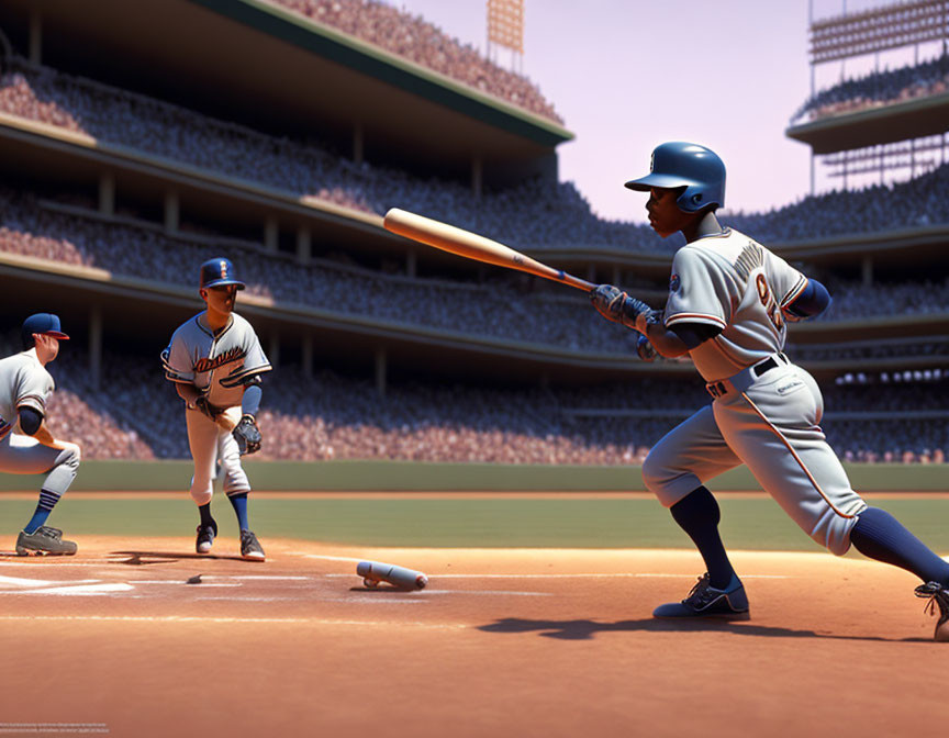 Baseball player swinging bat at pitch in sunlit stadium