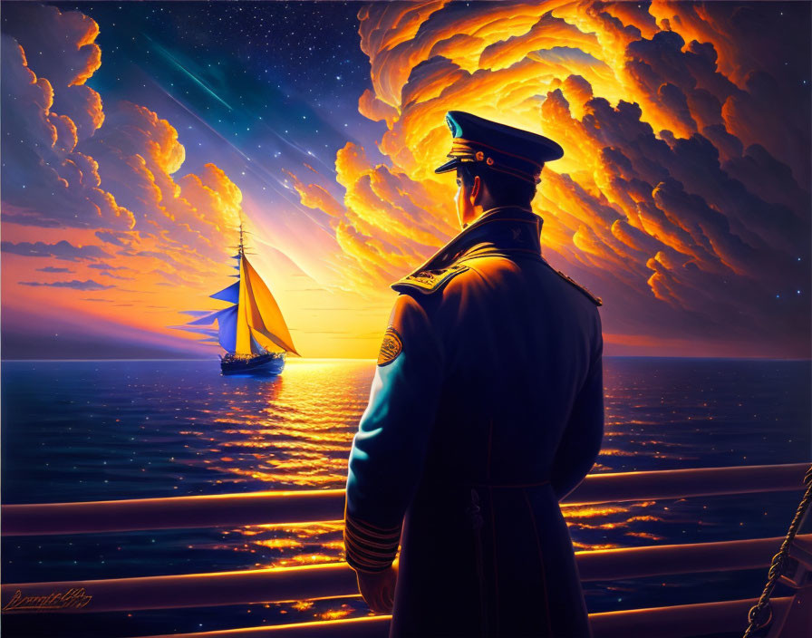 Uniformed officer admires sailboat on radiant sea at twilight.