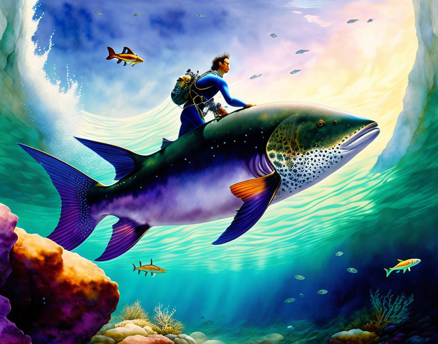 Diver riding giant fish in vibrant underwater scene