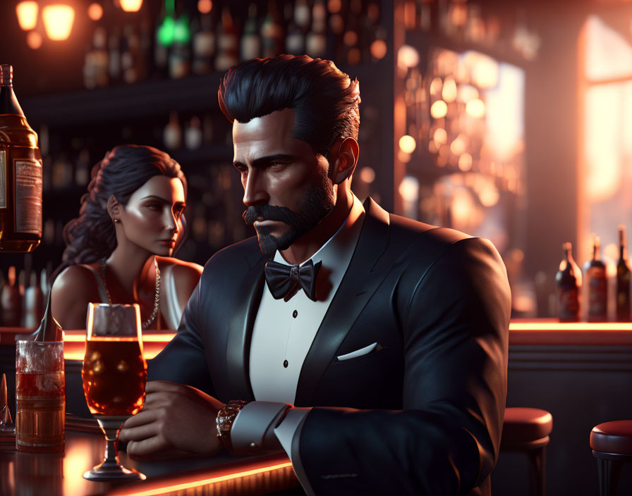 Bearded man in tuxedo at bar with woman in sophisticated setting